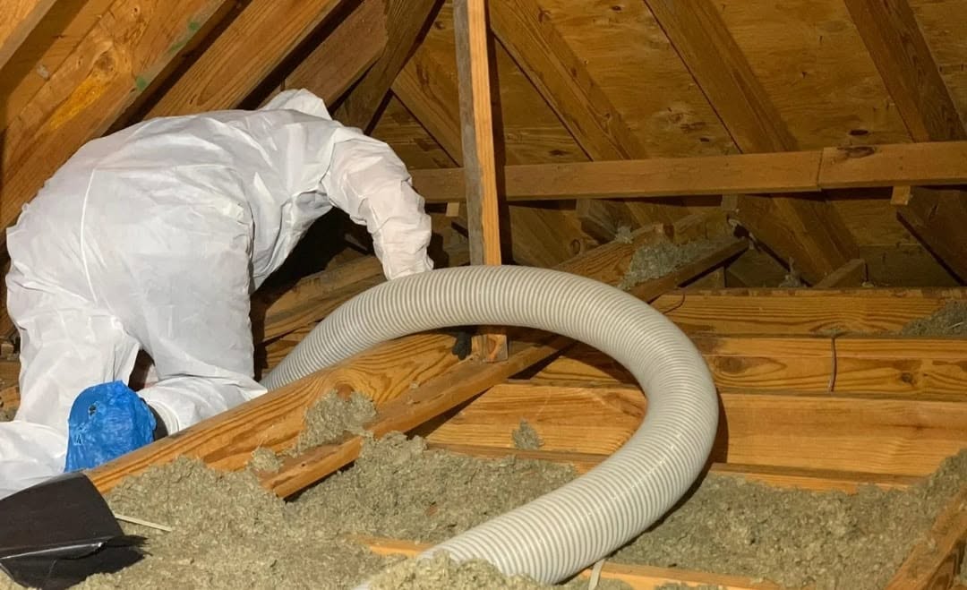 A Plus Insulation technician blowing loose-fill cellulose insulation into an attic